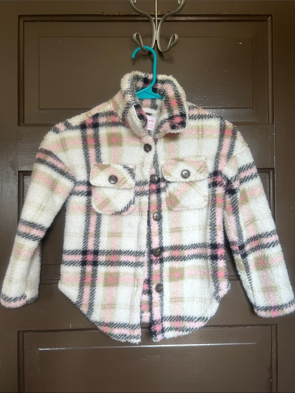Plaid Fleece Button-Up Shirt Jacket - Cream & Pink